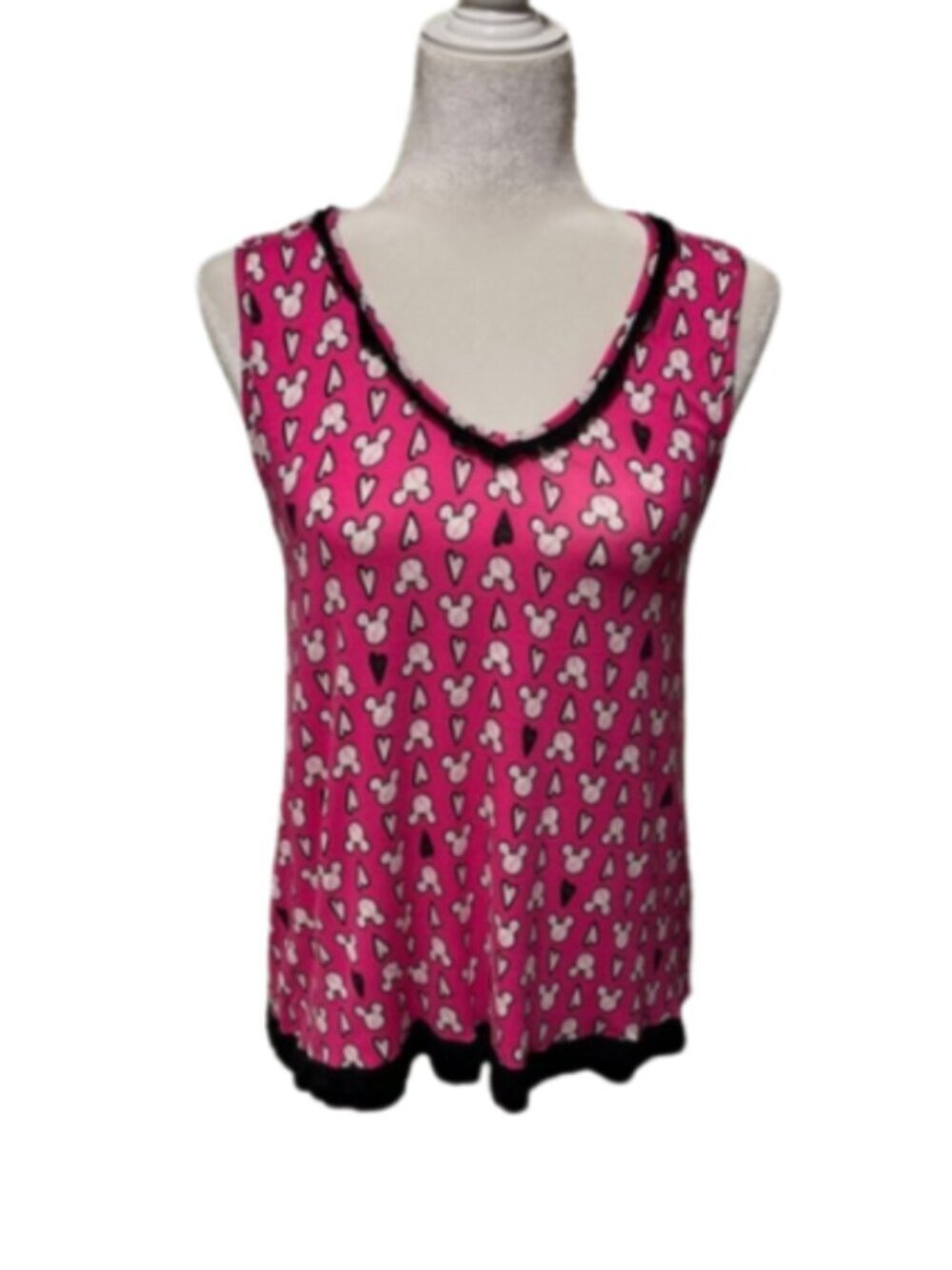 Disney Pink Mickey Mouse Head Hearts Print Tank Ruffle V-neck and Hem Medium